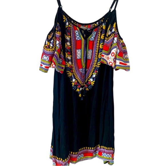 Angie Cold Shoulder Front Tie Sheer Black Colorful Boho Tunic Dress Size Medium - Picture 1 of 8